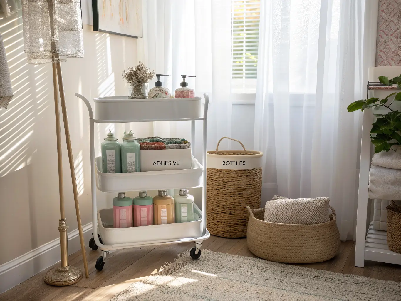 Matte white three-tier utility cart beside a craft table in a sunlit bonus room, holding paint jars, labeled glue bottles, and folded fabric on a jute rug.
