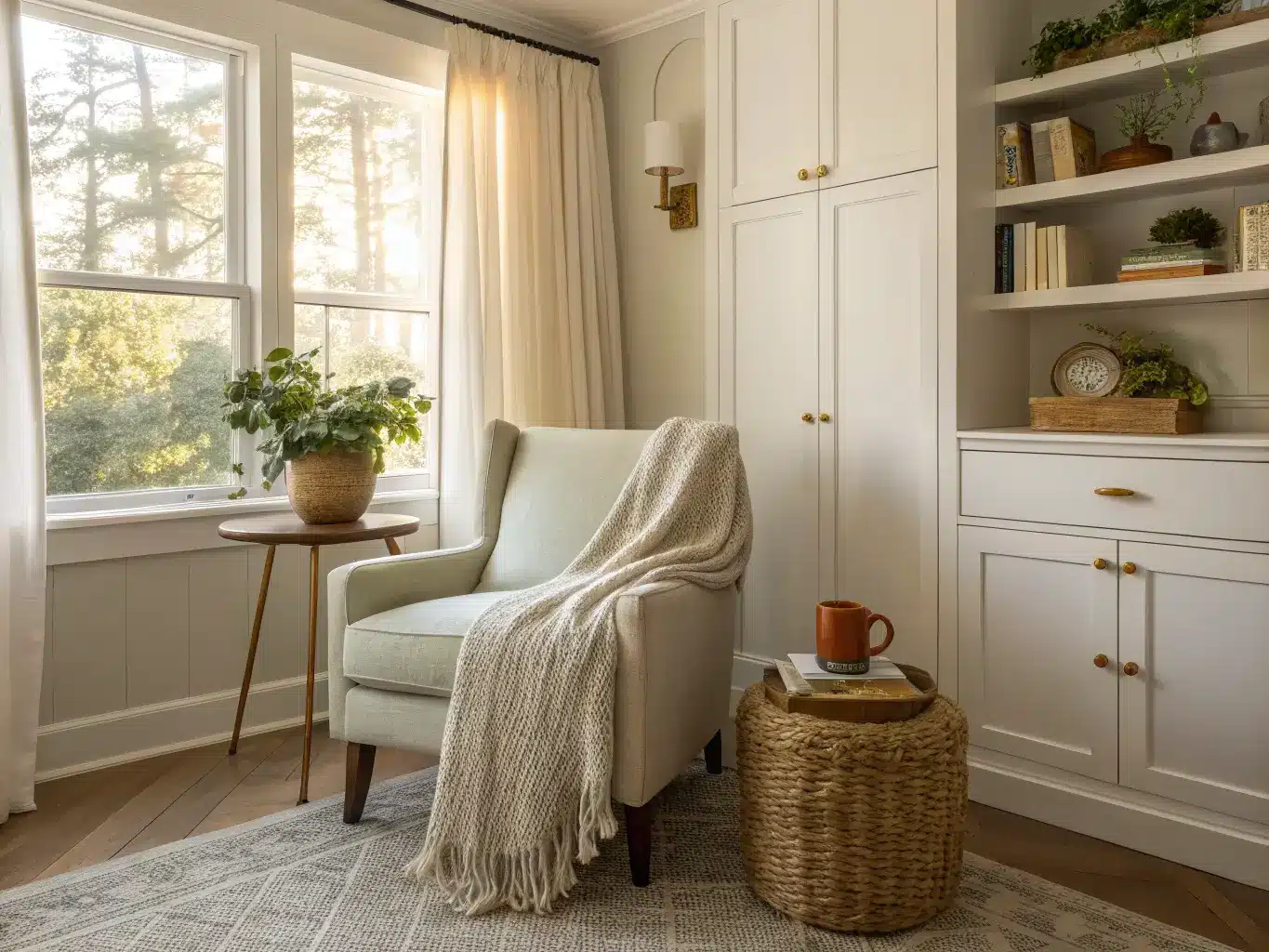 Photorealistic craft-office reading nook with sage bouclé chair, round wood side table with mug and pothos, jute rug, and low bookshelf in warm golden-hour light.