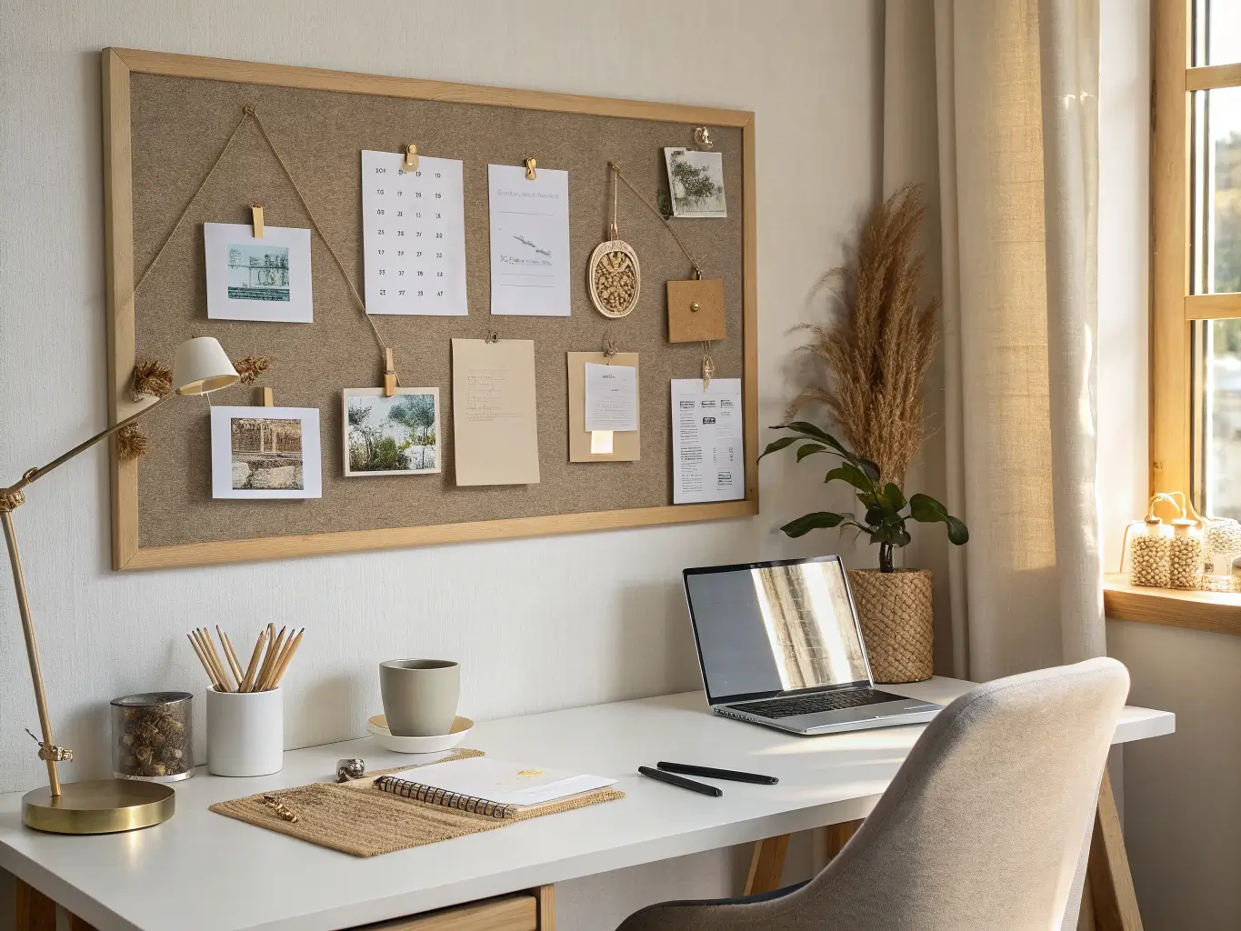 Photorealistic craft-office scene with a linen pin board framed in light oak above a white desk, holding fabric swatches, dried botanicals, and blank cream cards under a gold clip light.