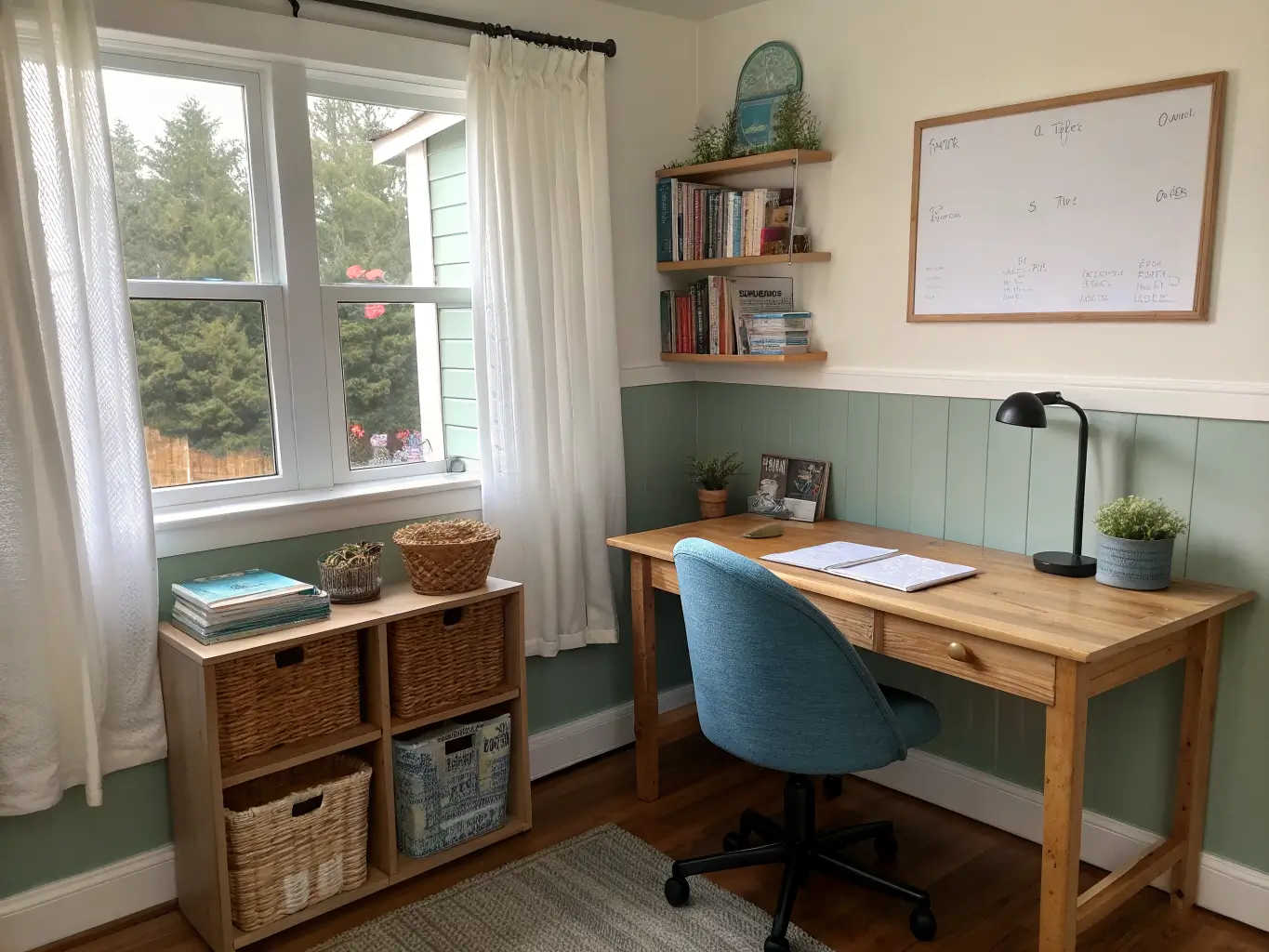 Photorealistic homeschool study corner in a family room with a light oak desk by a window, muted blue chair, sage accent panel, low bookshelf with baskets and textbooks, small whiteboard, and a snake plant on the sill in soft daylight.