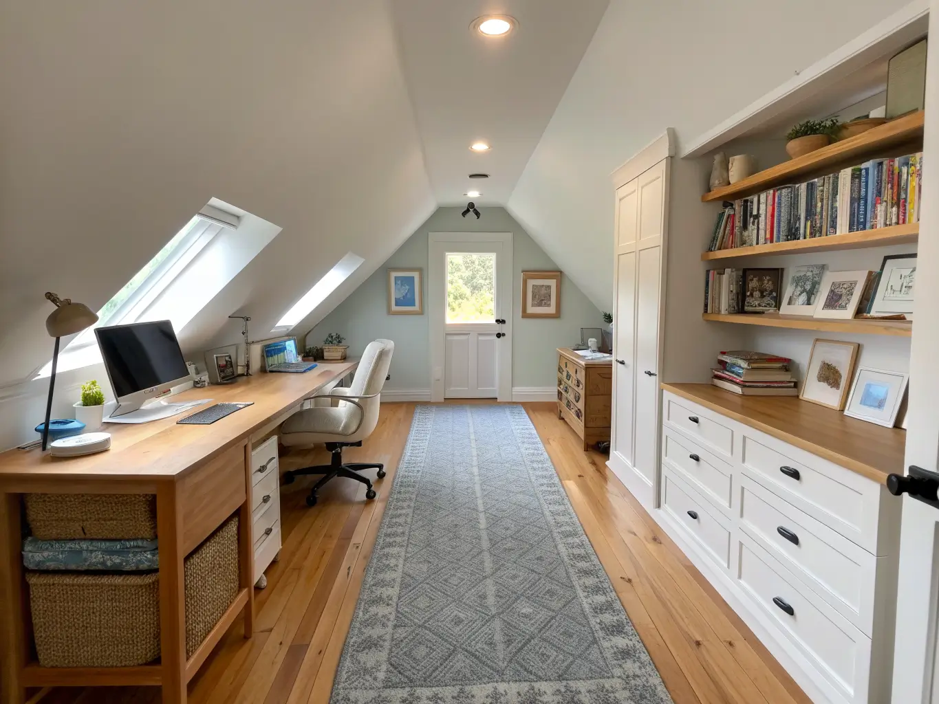 Overhead-angled photo of a long narrow office-craft bonus room with parallel desk and birch worktable along opposite walls, rugs marking each zone, and morning light from a far window.