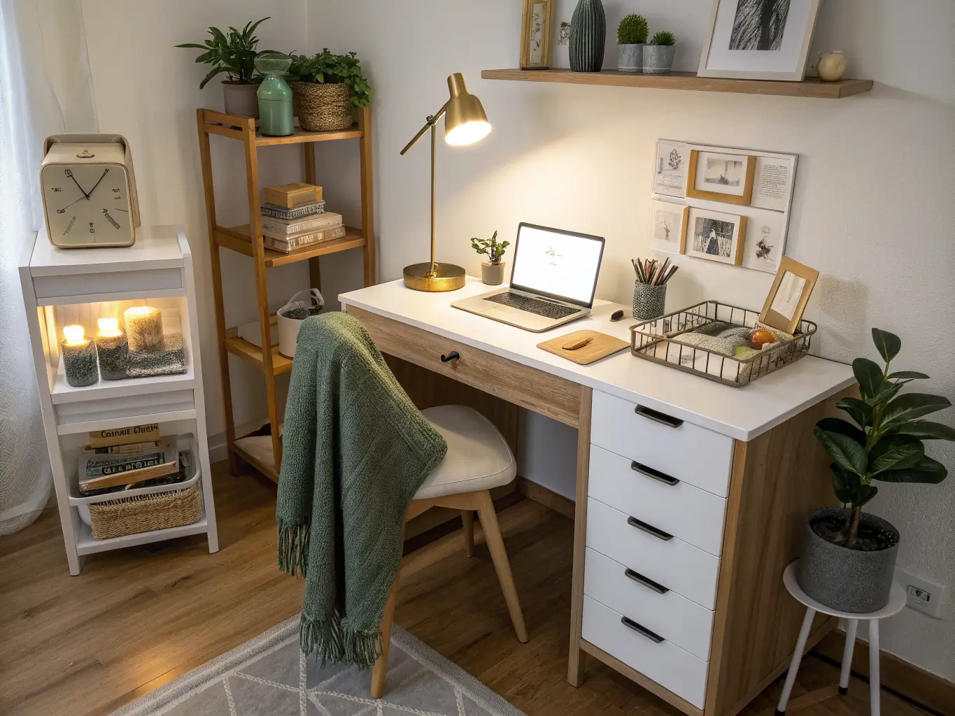 Close-up of a tidy Sunday-reset desk corner with a laptop, pen tray, trailing pothos, labeled craft-supply bin, sage-green throw on a stool, gold-rimmed wall clock, and jute rug edge in warm lamplight.