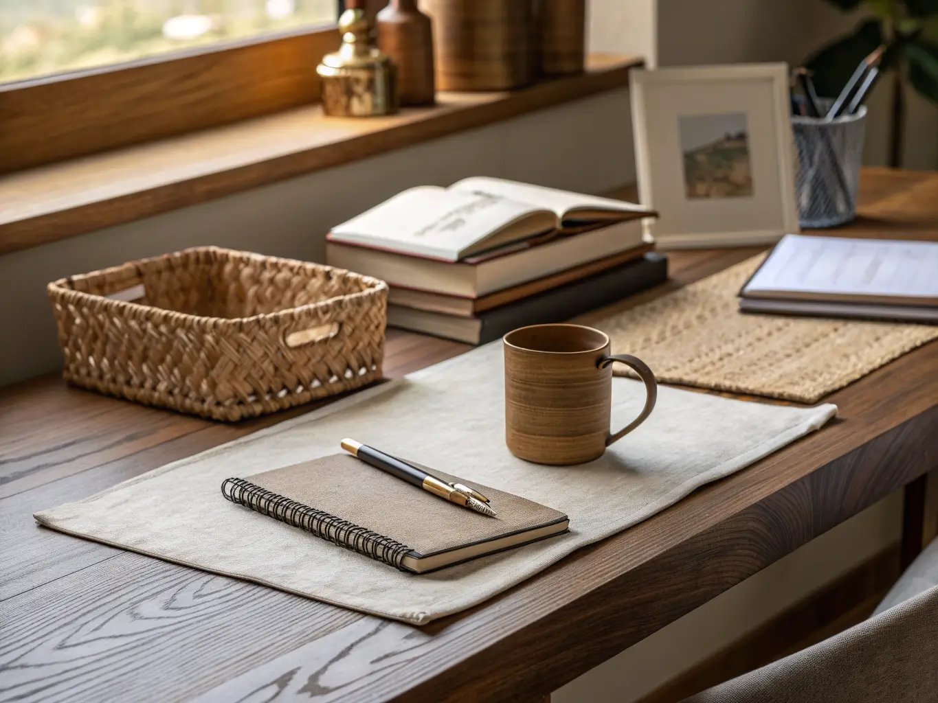 Close-up of a walnut study desk with linen mat, leather pen cup with brass pen, and angled framed photo in soft window light, with notebooks and basket on an oak shelf behind.
