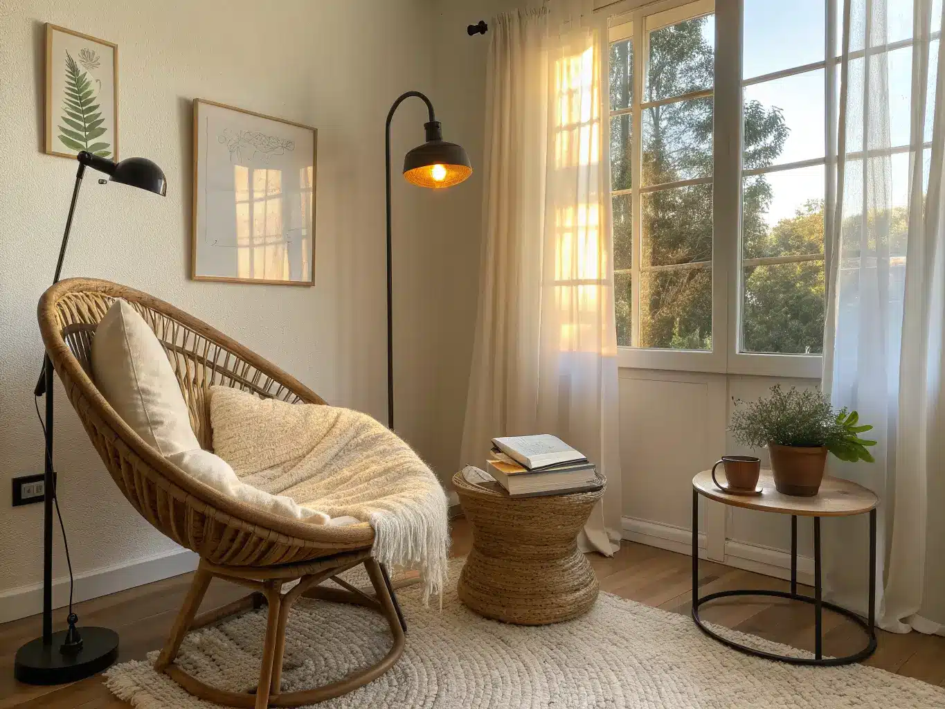 Sunlit bedroom reading nook with rattan papasan chair, cream bouclé cushion, jute rug, floor lamp, side table with mug and glasses, and snake plant by a window with sheer curtains.