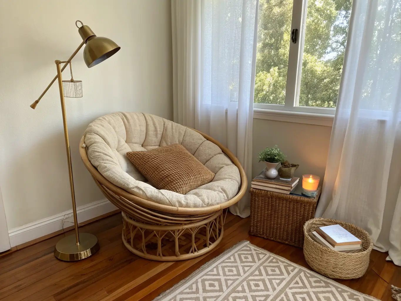 Cozy papasan chair nook in a greige living room corner with warm oak floors, soft window light, patterned rug, cane side table with books, brass lamp, and jute basket with a chunky throw.