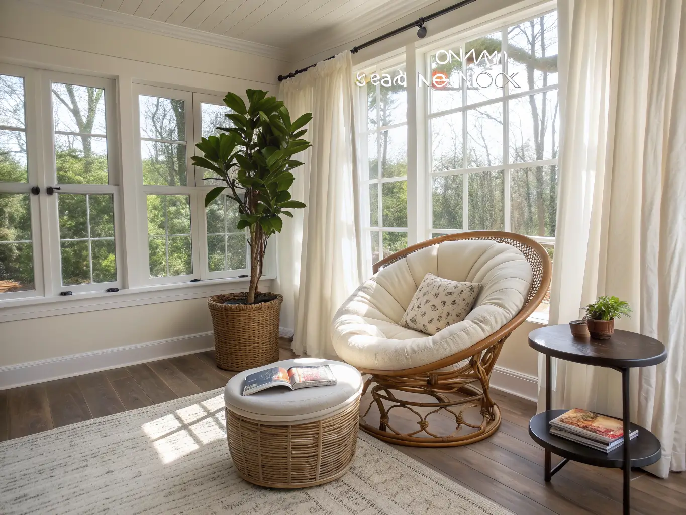 Bright sunroom reading nook with a cane papasan chair on a jute rug, fiddle-leaf fig, side table with iced tea, and sheer curtains by floor-to-ceiling windows.