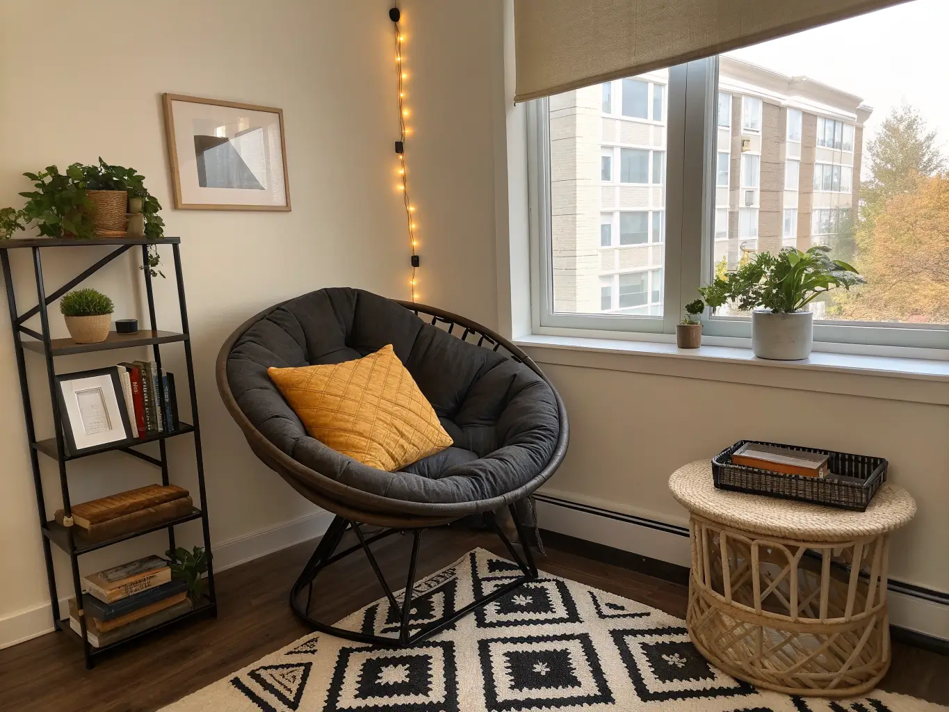 Cozy dorm nook with espresso wicker papasan chair, charcoal cushion, mustard lumbar pillow, cream throw, geometric rug, shelf with books and plant, and warm string lights by a window in late afternoon light.