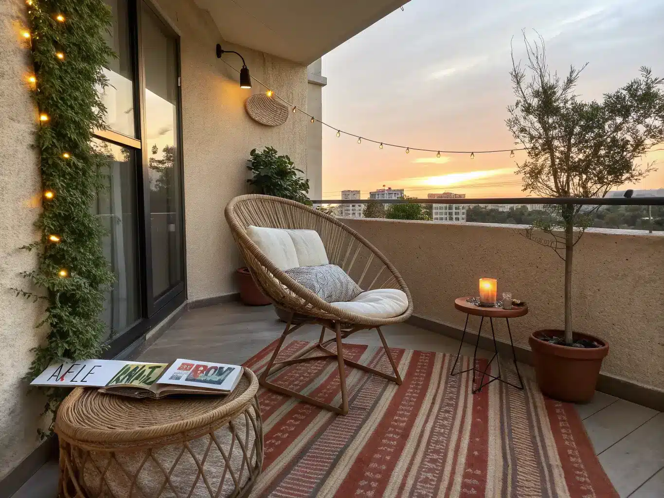 Low wide-angle view of a cozy covered balcony nook at sunset with a rattan papasan chair, striped terracotta rug, side table with lit candle and book, olive tree, and faint string lights.