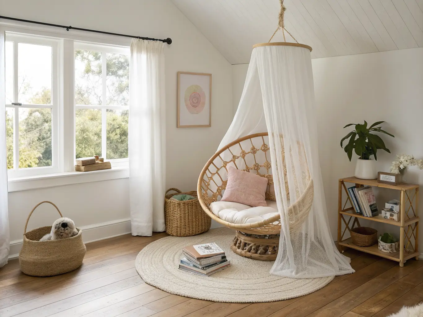 Sheer white canopy draped around a wicker papasan chair with blush cushion on a cream rug, beside a rattan table and basket of books in a warm, sunlit playroom nook.