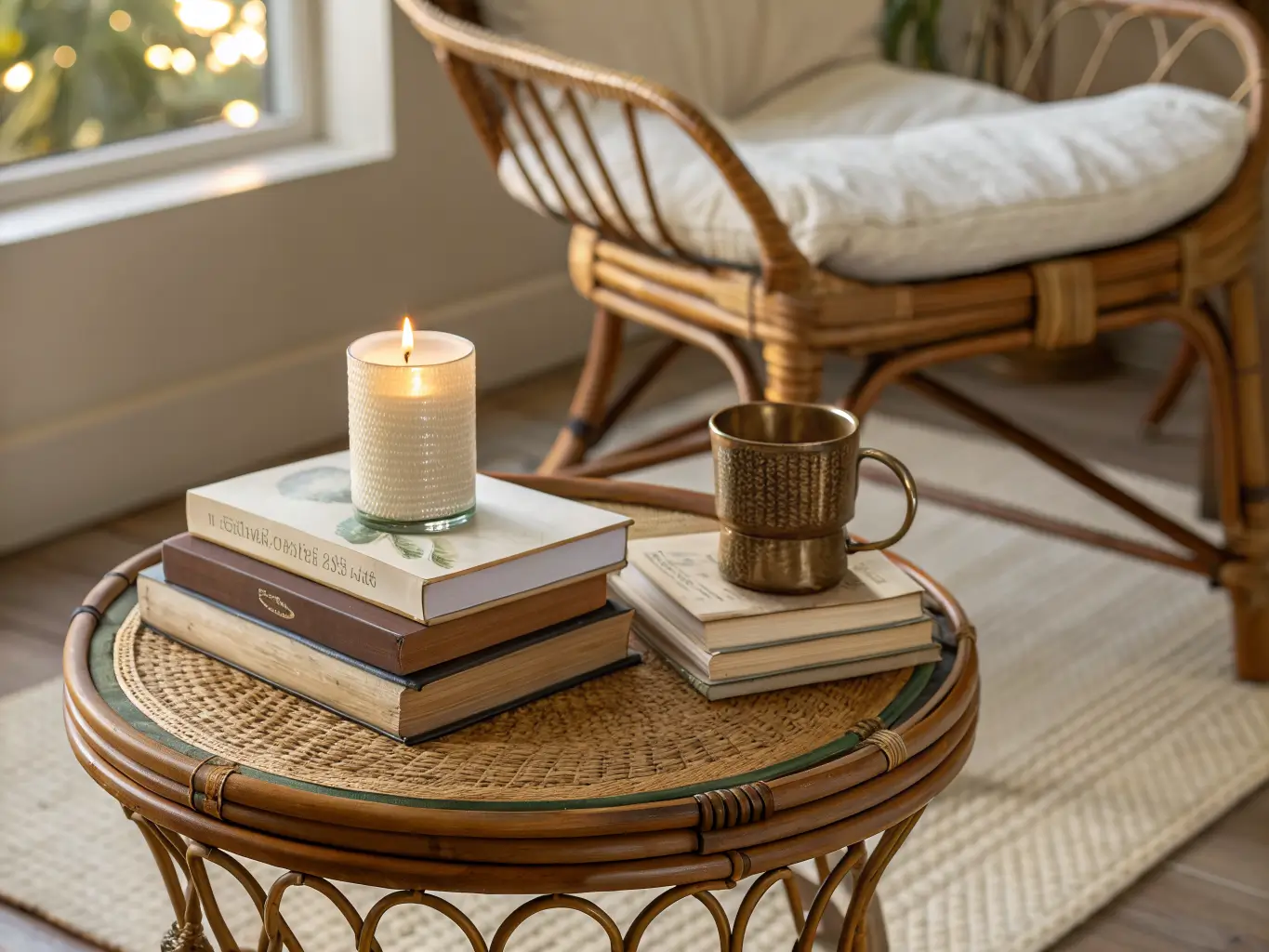 Close-up of a papasan chair side table with linen books, a lit brass taper candle, and a steaming ceramic mug in warm afternoon light.