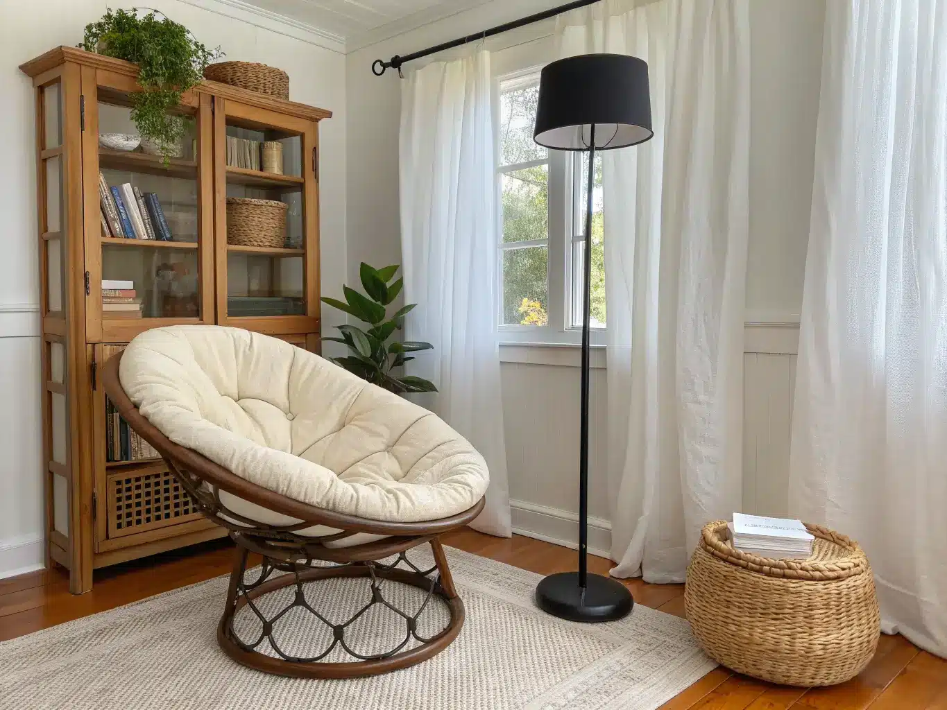 Cozy reading corner with a rattan papasan chair on a jute rug beside a tall black floor lamp and a floor-to-ceiling wooden bookshelf in soft midday light.