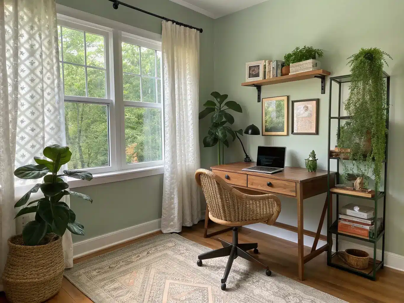 Photorealistic biophilic study with walnut desk by a window, sage green walls, oak floor, rattan chair, and layered houseplants in late afternoon light