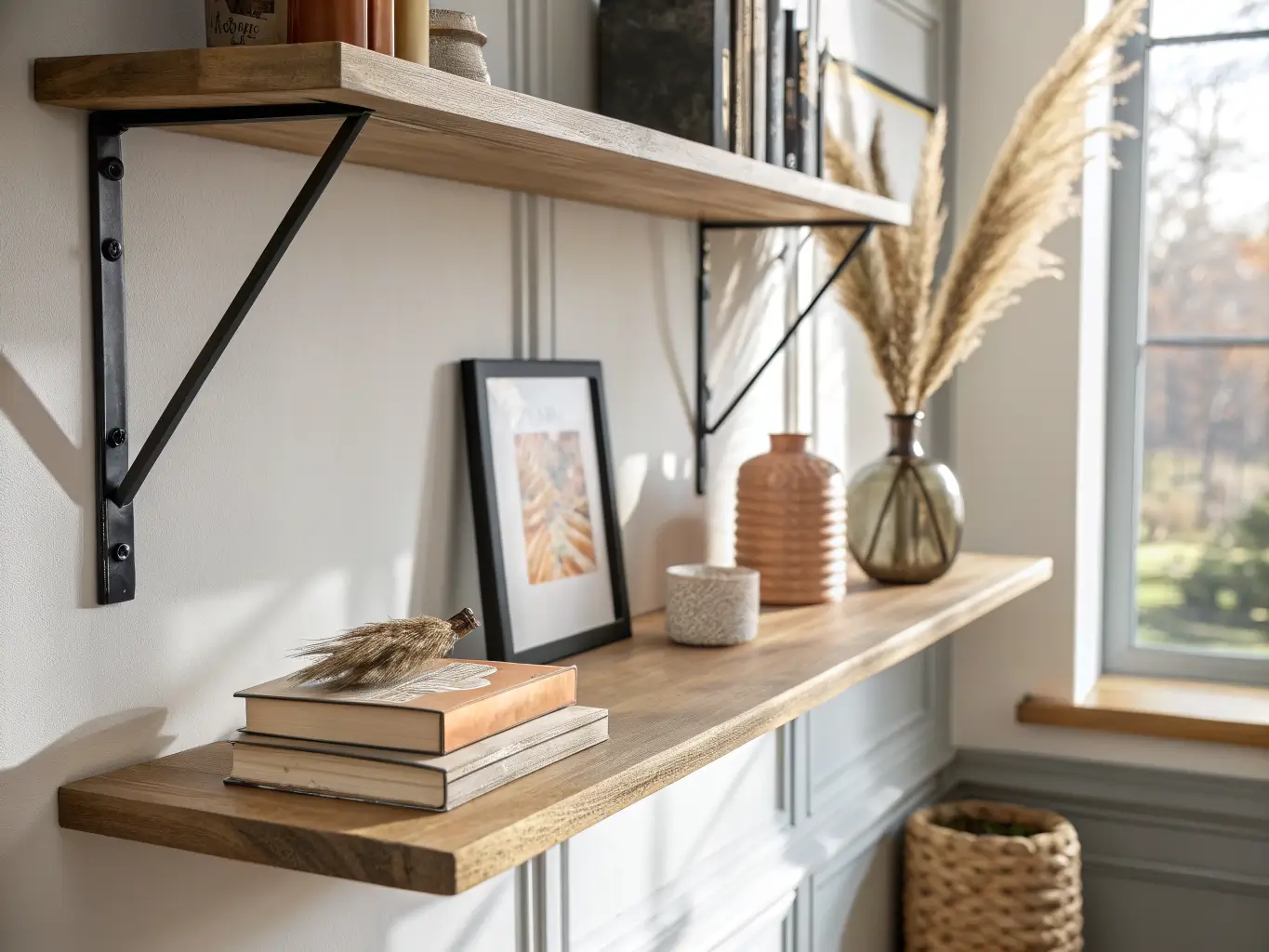 Close-up of a floating shelf above a light oak desk with black brackets, linen books, a terracotta abstract print, and a glass vase of dried pampas in soft afternoon light.