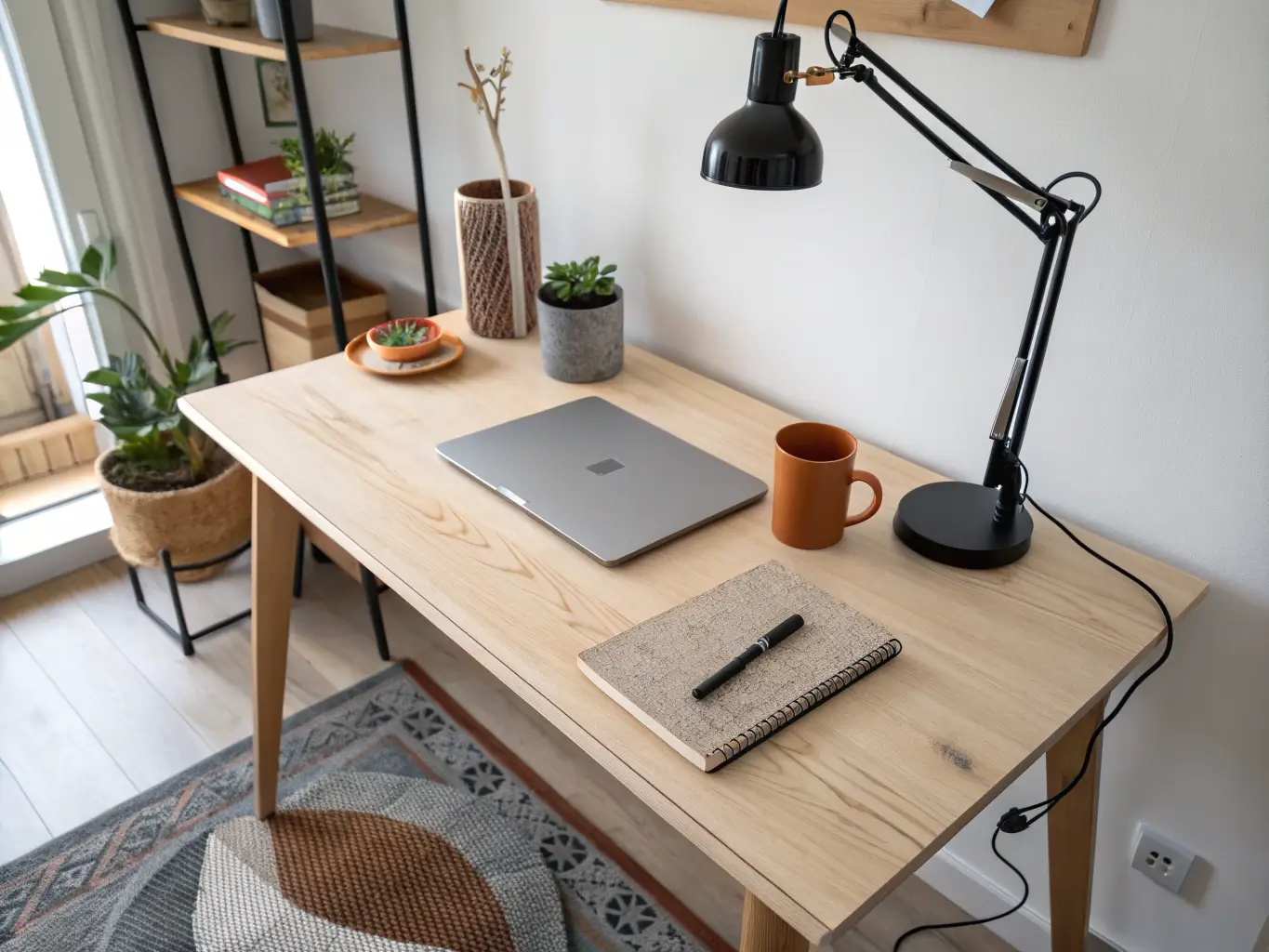 Low three-quarter view of a minimalist Scandi desk with closed laptop, black lamp, terracotta mug, succulent, gray desk mat, and tidy cable management in soft window light.