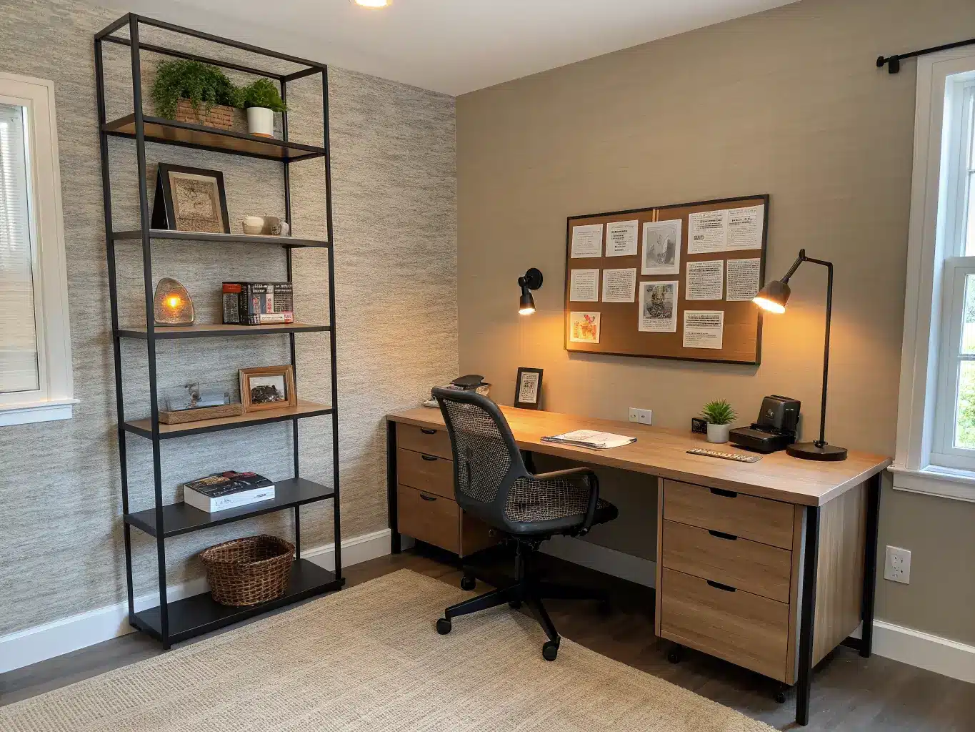 Wide-angle view from the doorway of a small study with a warm taupe grasscloth accent wall, light wood desk, black metal shelves, mesh chair, jute rug, and a softly glowing floor lamp at dusk.