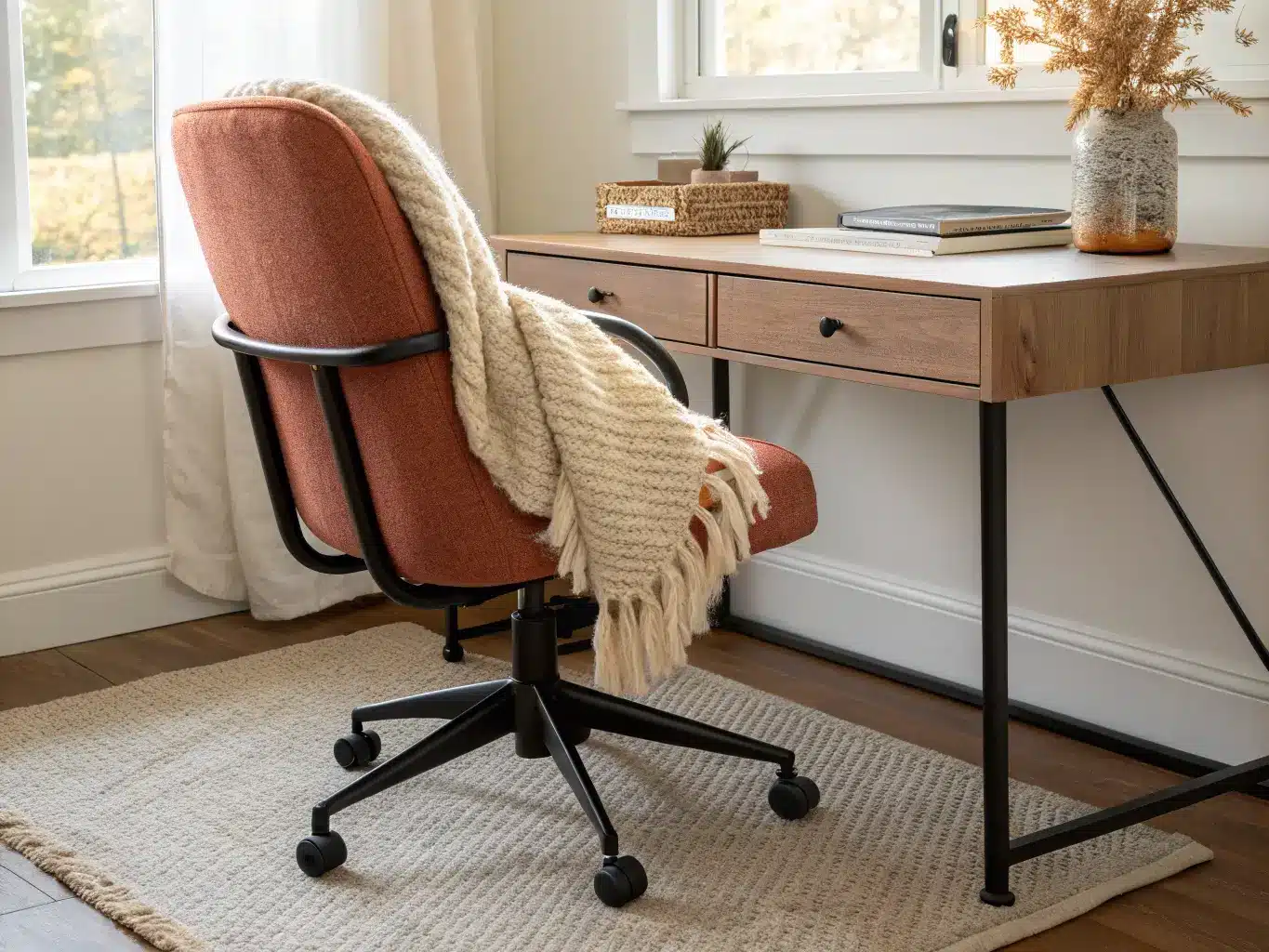 Ergonomic terracotta bouclé desk chair with black metal frame beside a light oak desk, cream knit throw on backrest, on a beige jute rug in soft daylight.