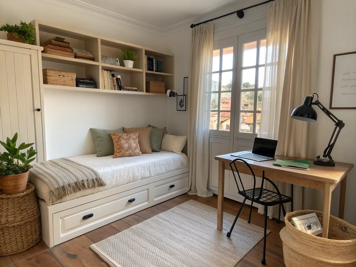 Guest room study with cream linen daybed, fold-down birch desk, black lamp, plant, terracotta pillow, and warm afternoon light through linen curtain.