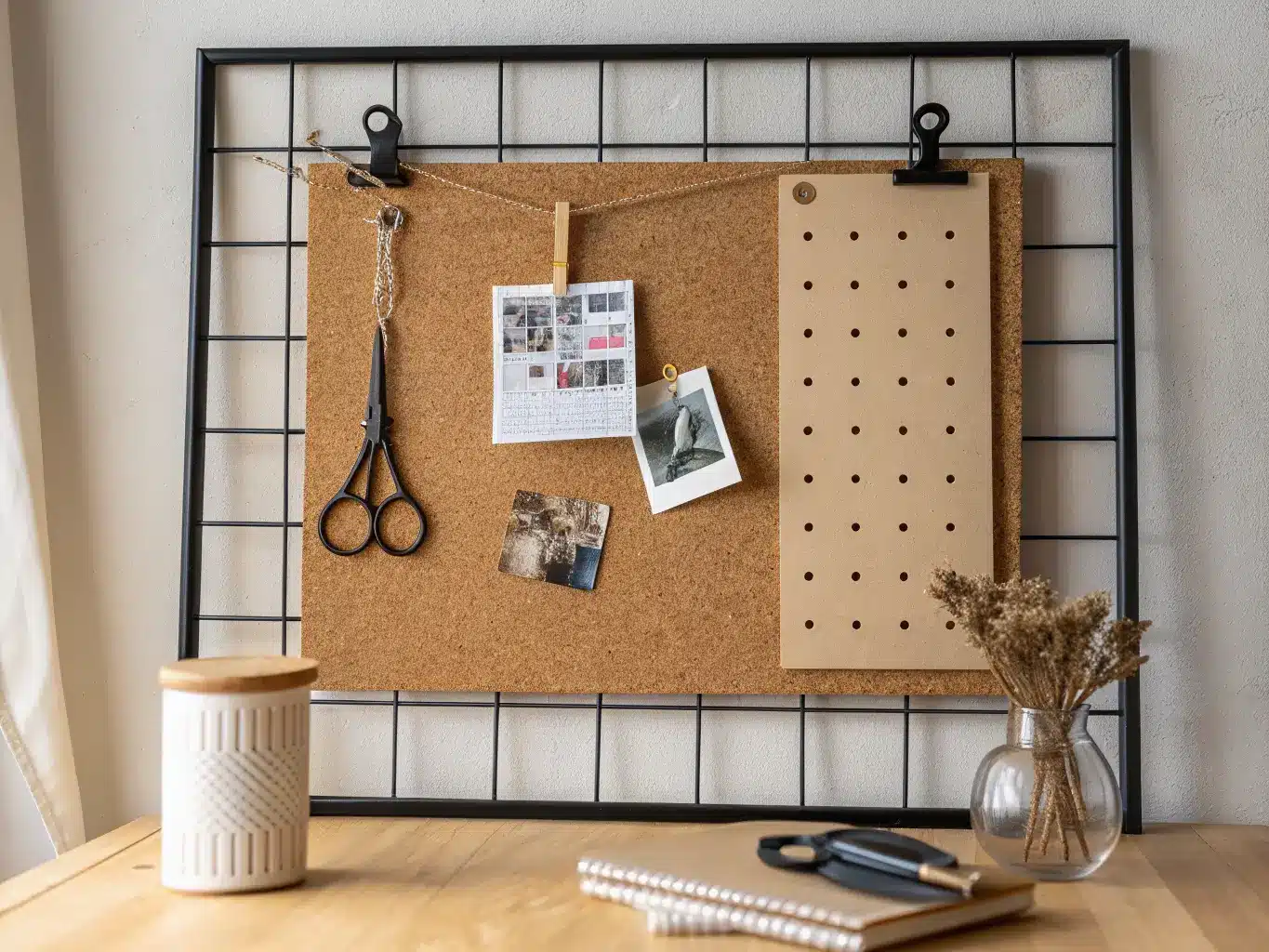 Eye-level close-up of a corkboard and pegboard above a light wood desk with a small paper calendar, turned-away photos, scissors on a hook, and a ribbed glass vase holding a dried stem in soft window light.