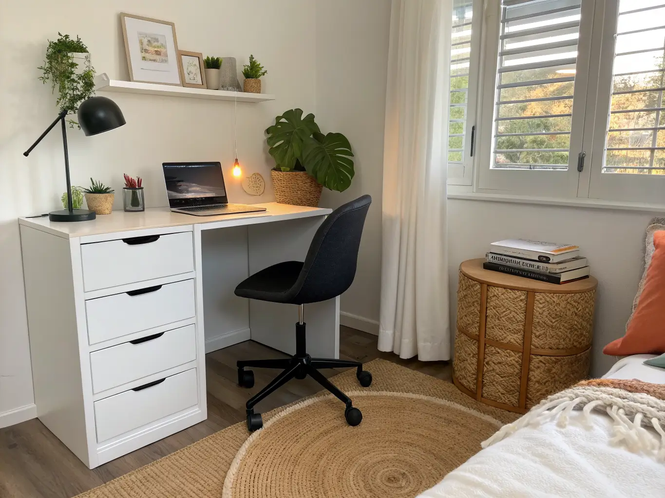 Dorm-style bedroom corner study nook with a compact white desk, black task chair with terracotta cushion, jute rug, faux fiddle-leaf plant, and warm lamp and window light on a laptop and notebook.