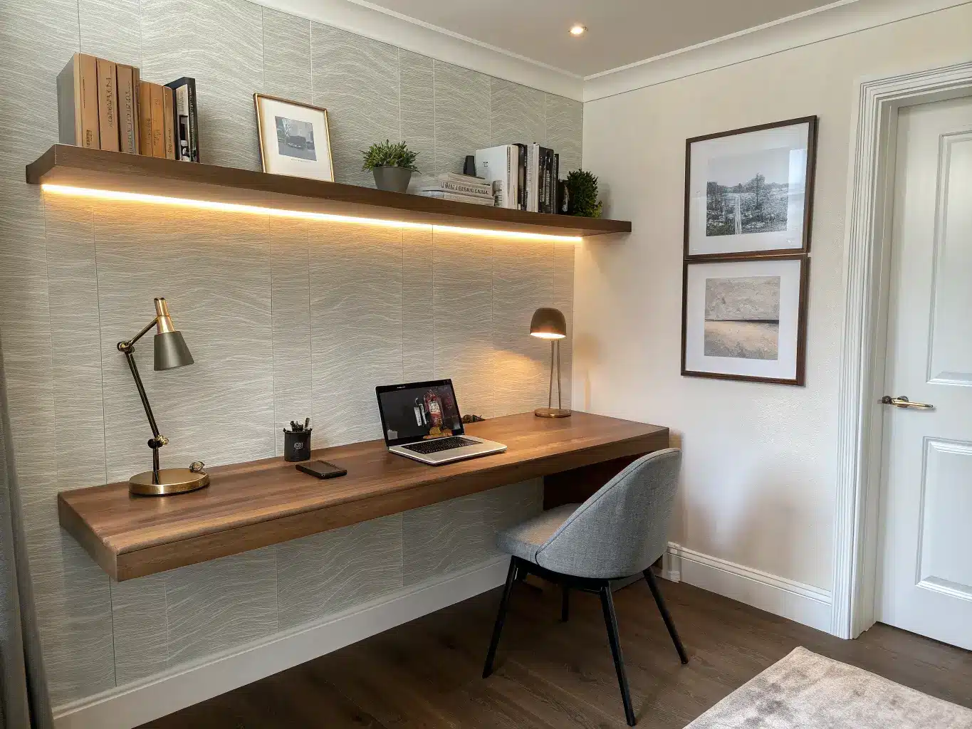 Photorealistic minimalist study room with sage grasscloth accent wall, floating walnut shelf outlined by warm LED lighting, and walnut desk with brass lamp and laptop.