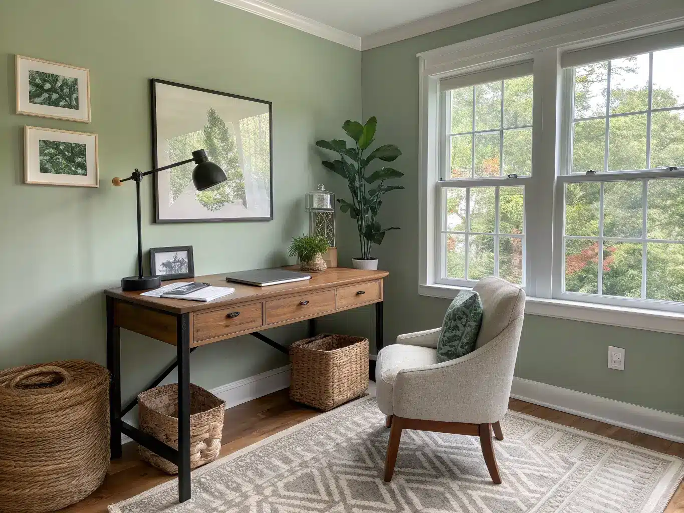 Serene sage-green home office with honey-oak desk by a west-facing window, taupe chair, matte black lamp, botanical print, fiddle-leaf fig, and jute rug in soft afternoon light.