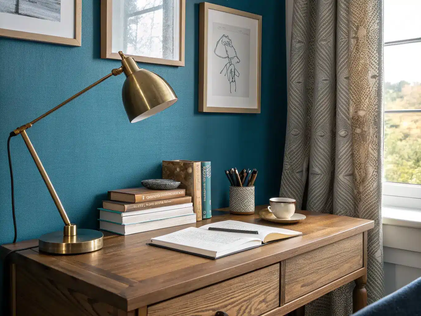 Close-up of a honey-oak home office desk against a matte deep teal wall, with a brass lamp, stacked books, cream pen cup, and a framed line print in soft morning light.