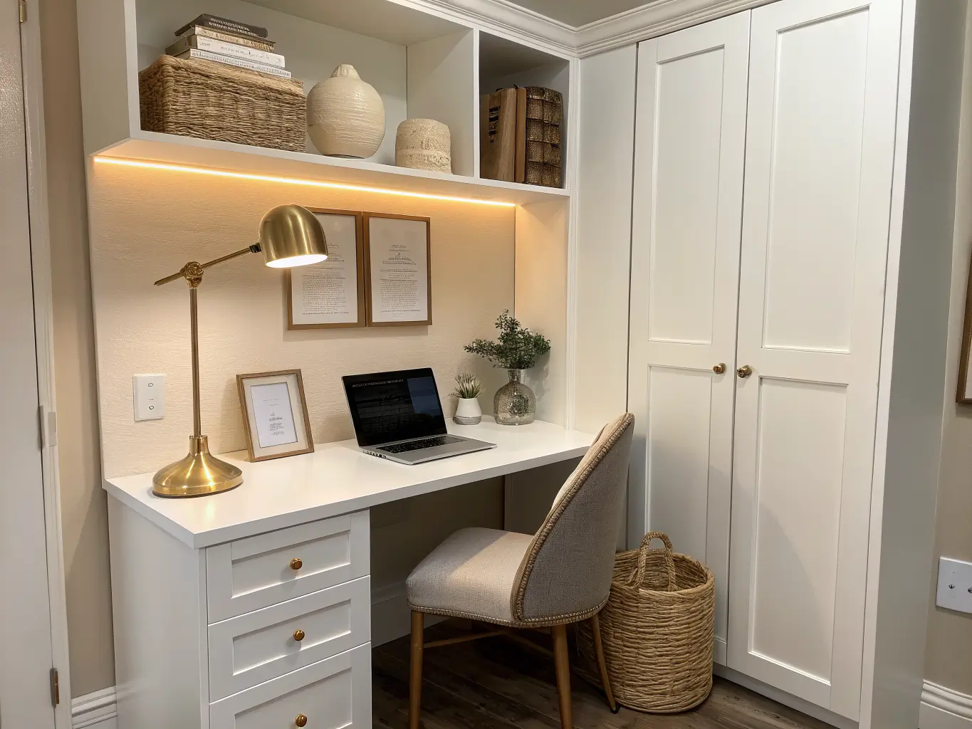 Compact windowless 8x8 home office nook painted Ballet White, softly lit by LED panel and brass lamp, with white desk, laptop stand, taupe folders, single-stem bud vase, and cream woven basket.