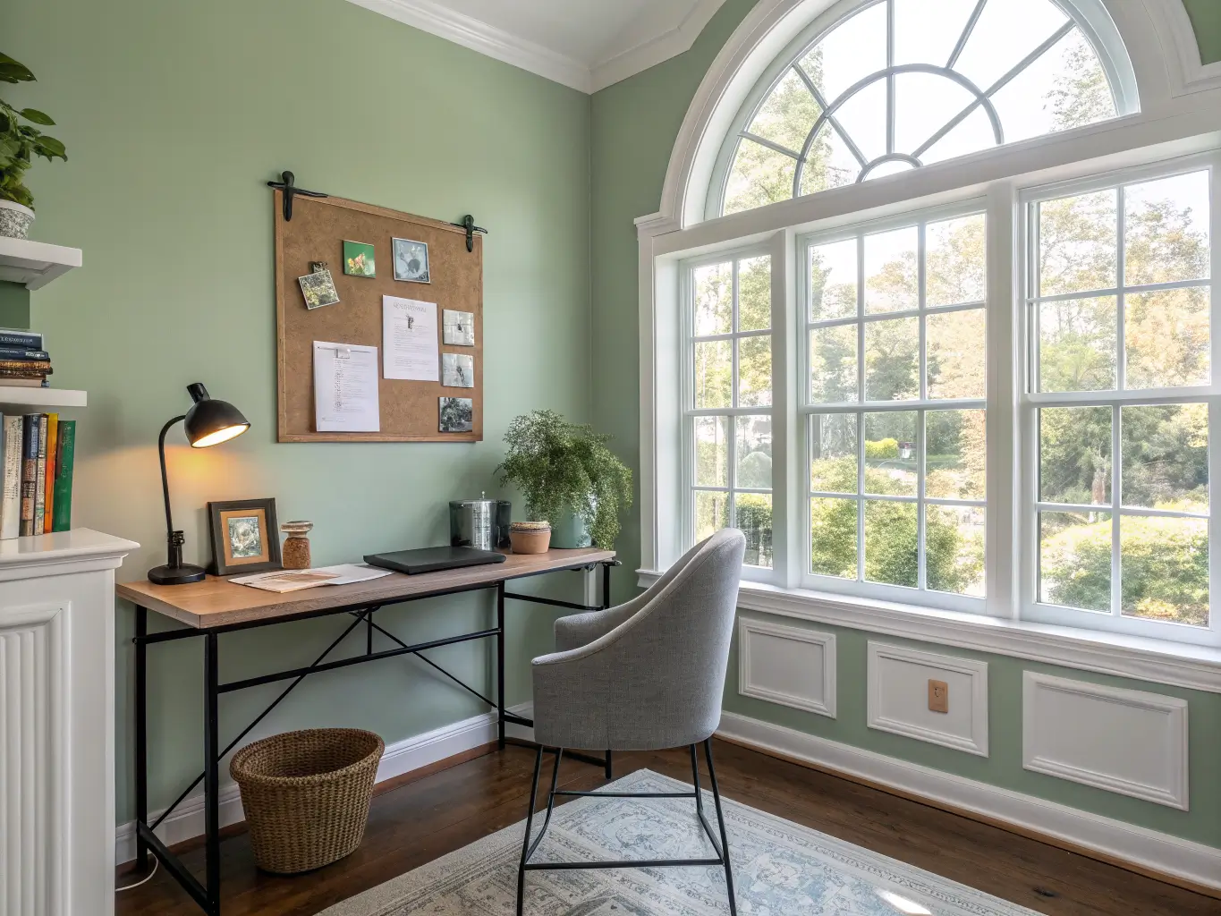 Sunlit home office with celadon-green walls, arched window, black metal desk, gray bouclé chair, cork board, books, mug, and trailing pothos plant.