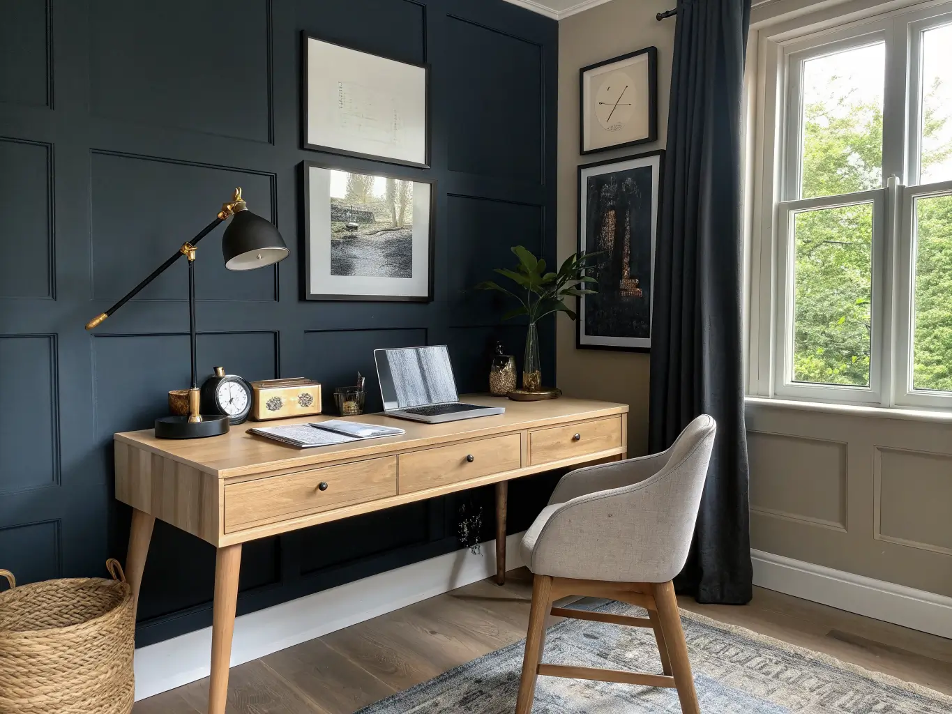 Photorealistic home office desk against a deep charcoal-navy accent wall, pale oak desk with black lamp, brass clock, cream folders, and a brass-framed abstract print above, softly lit for a video call.