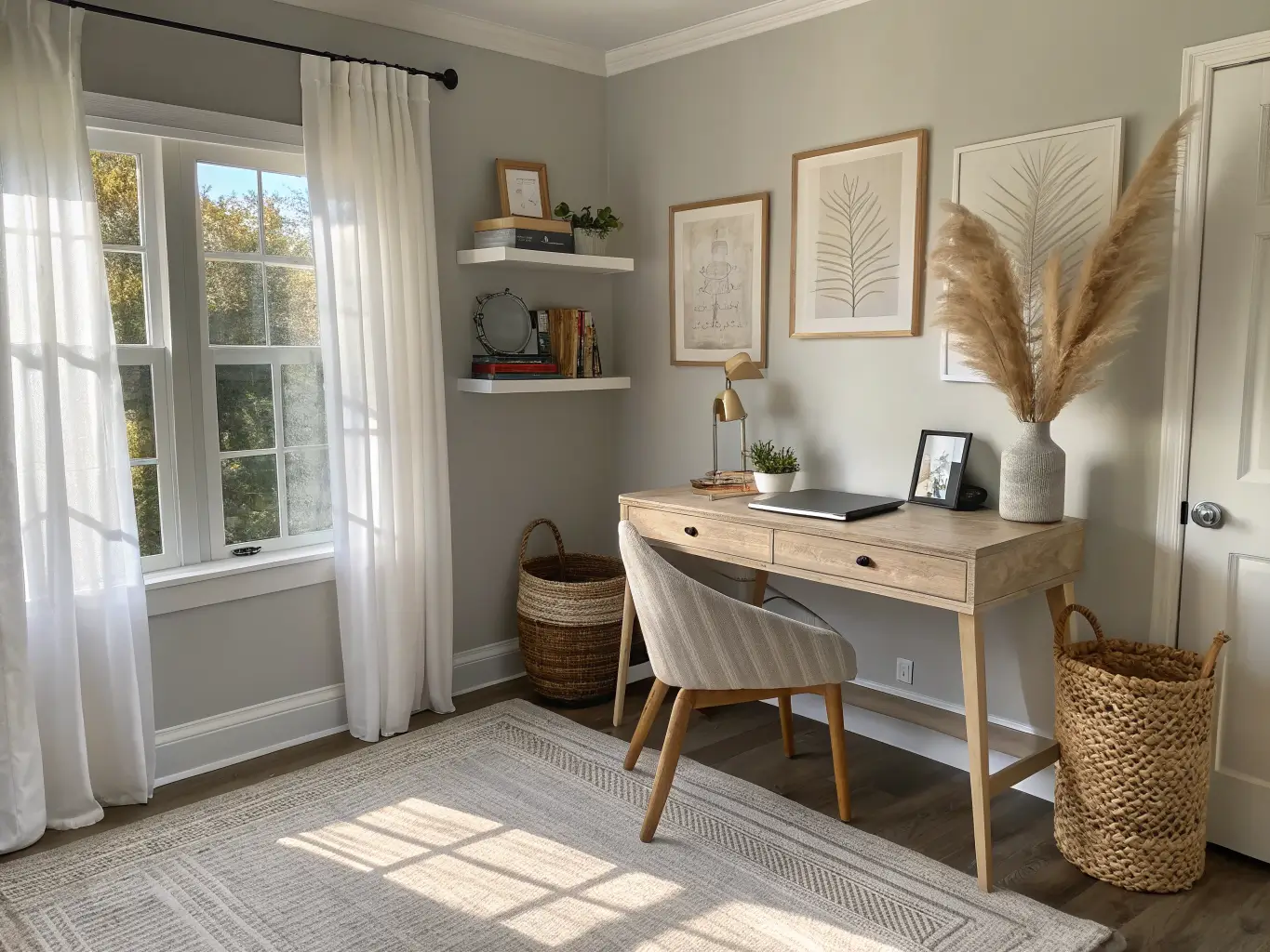 Sunlit home office corner with Revere Pewter walls, white trim, light oak desk, sheer linen curtains, woven gray rug, camel accent chair, and minimal neutral decor.