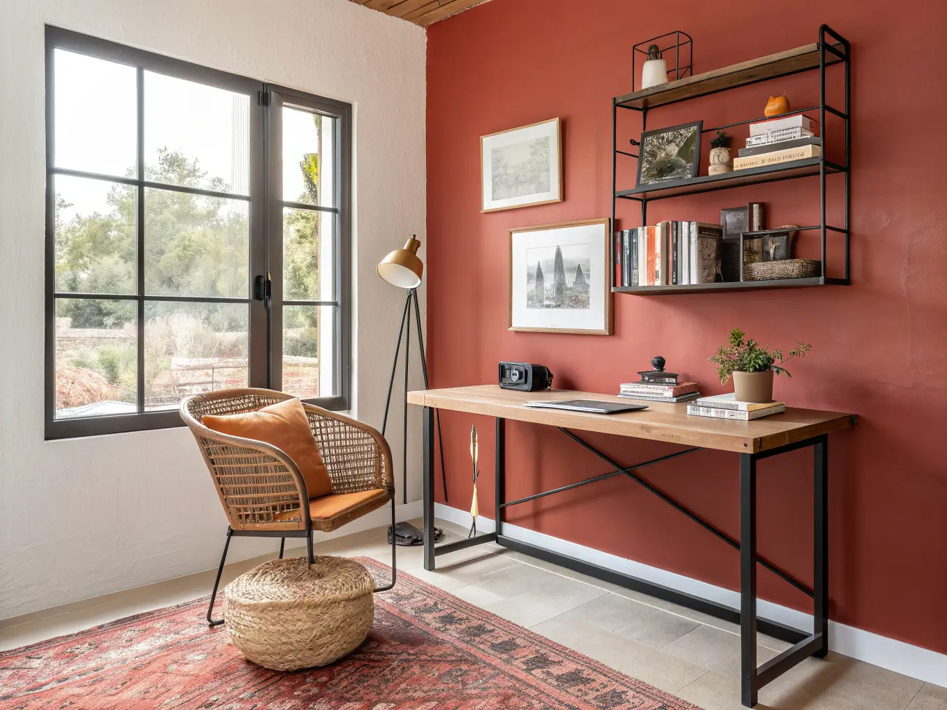 Photorealistic home office with terracotta Peruvian Chili accent wall, warm white walls, black metal and wood desk, rattan chair, art books, brass lamp, ceramic sculpture, and bright midday window light in a low three-quarter view.