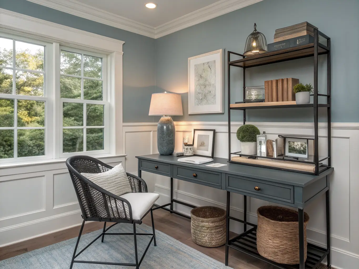Tranquil home office with Stonington Gray blue-gray walls, black metal desk with white top, charcoal bouclé chair, minimal decor, and warm lamp glow by a large evening-lit window.