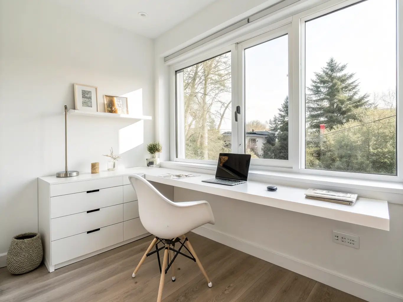 Minimalist white home office with floating desk under large window, centered white task chair, sparse decor, light oak floor and small grey rug in bright midday light.
