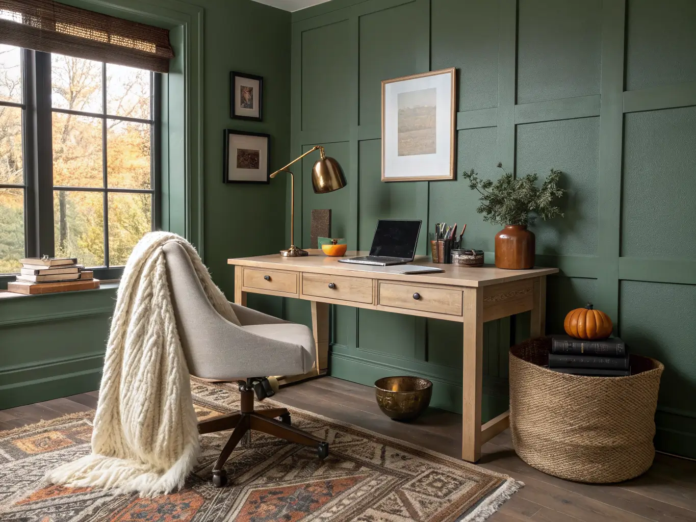 Cozy transitional home office with sage-green walls, light oak desk, taupe chair with chunky cream throw, brass desk lamp, rust-and-olive rug, and autumn decor in warm afternoon light.