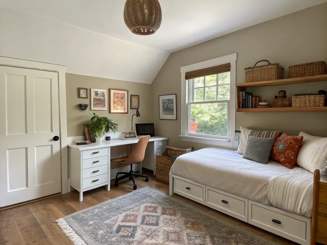 Wide-angle doorway view of a warm greige home office and guest room with a daybed, light oak desk by the window, woven wall hanging, and baskets under the bed in soft natural light.