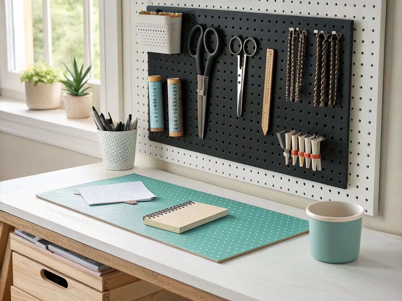 Close-up of a black SKÅDIS pegboard above a white LAGKAPTEN desk holding scissors, ruler, tape gun, paintbrushes, and pinking shears, with cutting mat, cardstock, and pencil cup below in warm afternoon light.