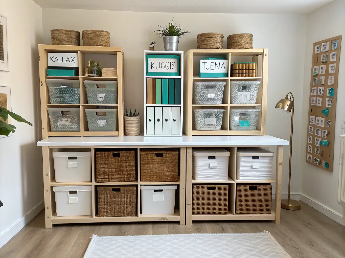 Front-facing view of two light-wood KALLAX shelves flanking a white desk in a bright craft room, filled with clear and white storage bins, folded fabric bolts, and a few woven and brass baskets, softly lit from the left.