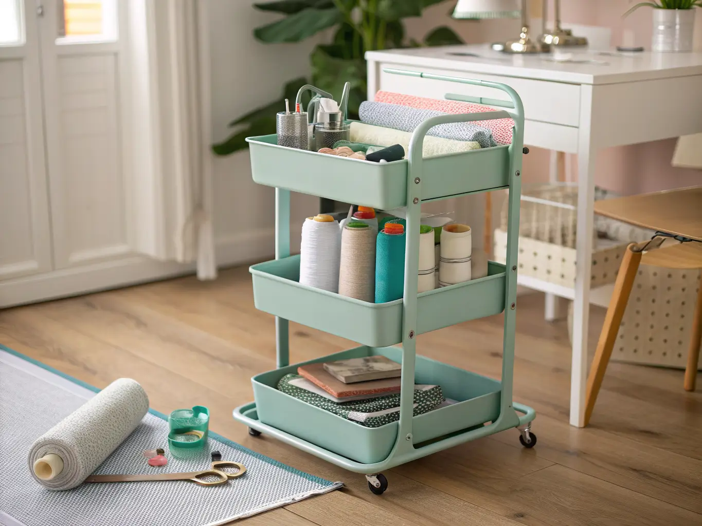 Mint-white RÅSKOG rolling cart beside a sewing desk, holding fabric, thread spools, glue supplies, and scissors in warm afternoon light.