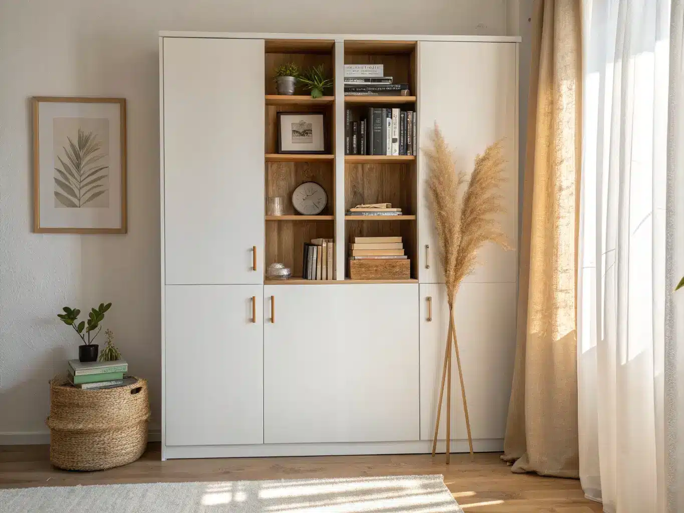 Closed-storage wall in a craft room with a white BILLY bookcase with cabinet doors, cream cardstock on a shelf, warm light through a sheer curtain, and botanical print above.