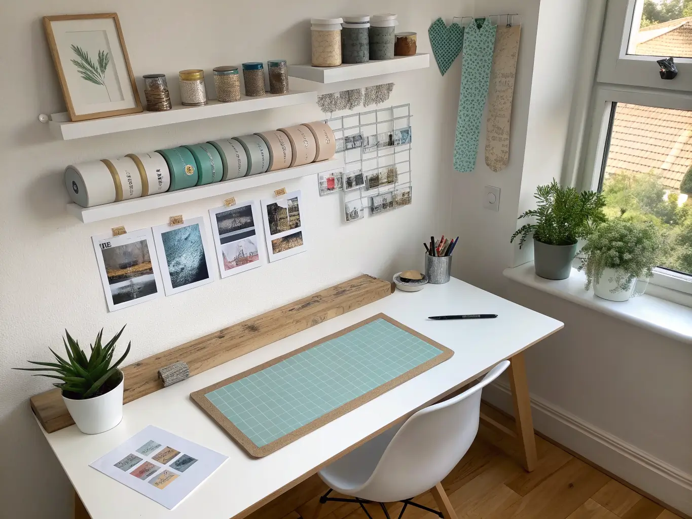 Overhead flat-lay desk scene with a wall-mounted MOSSLANDA ledge displaying neutral washi tape rolls and two handmade cards above a white craft desk with a cutting mat and small succulent in soft daylight.