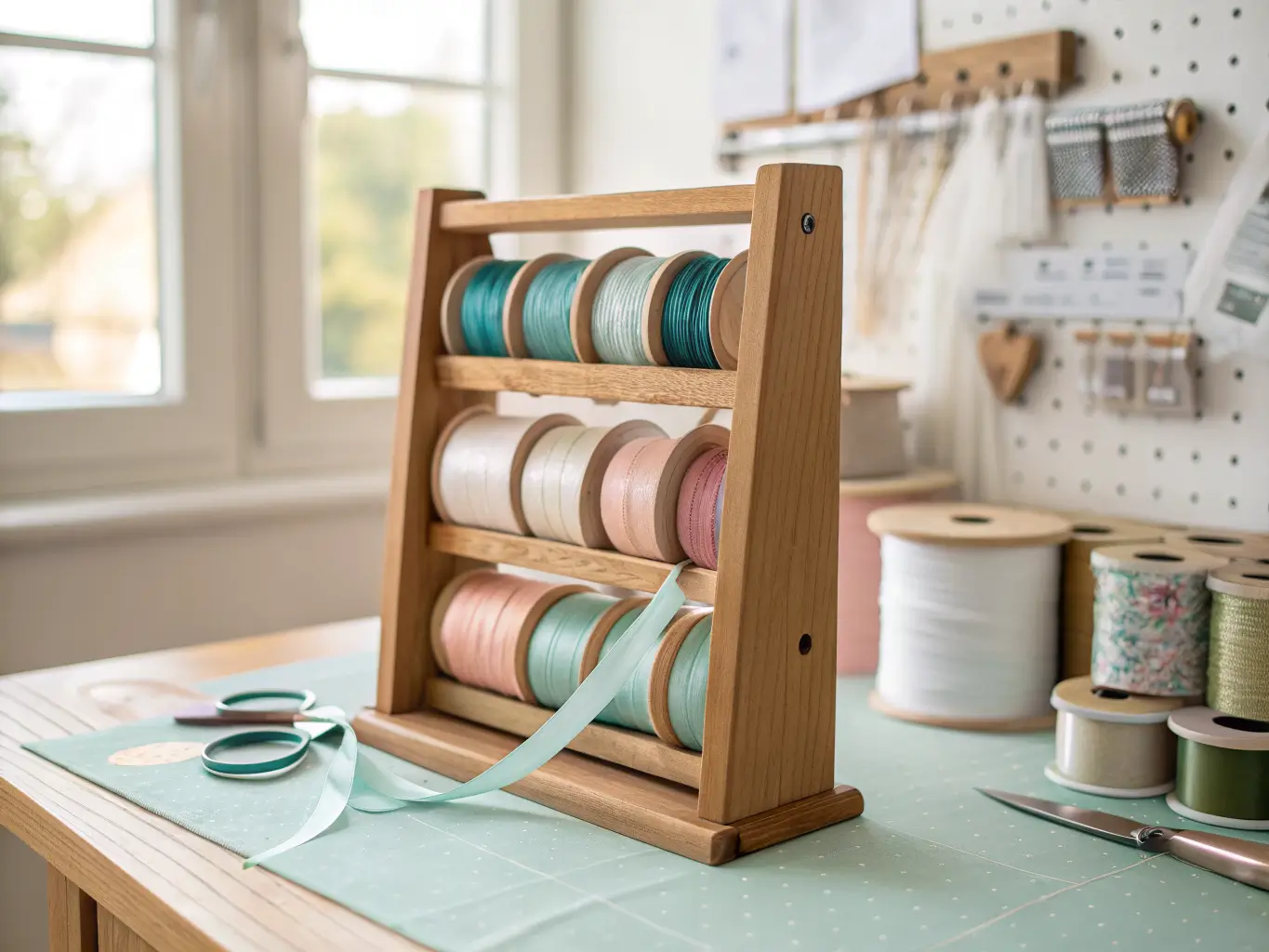 Close-up of a BEKVÄM spice rack repurposed as ribbon storage beside a craft desk, holding teal, cream, and blush ribbon spools in morning light with a blurred KALLAX and pegboard behind.