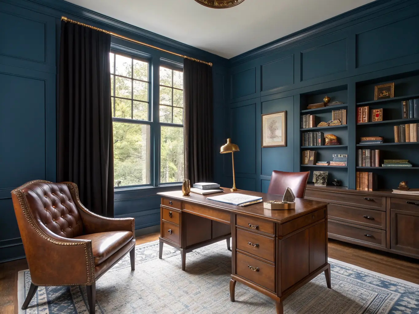 Photorealistic Hague Blue home study with walnut mid-century desk, cognac leather wingback chair, brass lamp, and built-in bookshelves by a tall window in warm late-afternoon light.