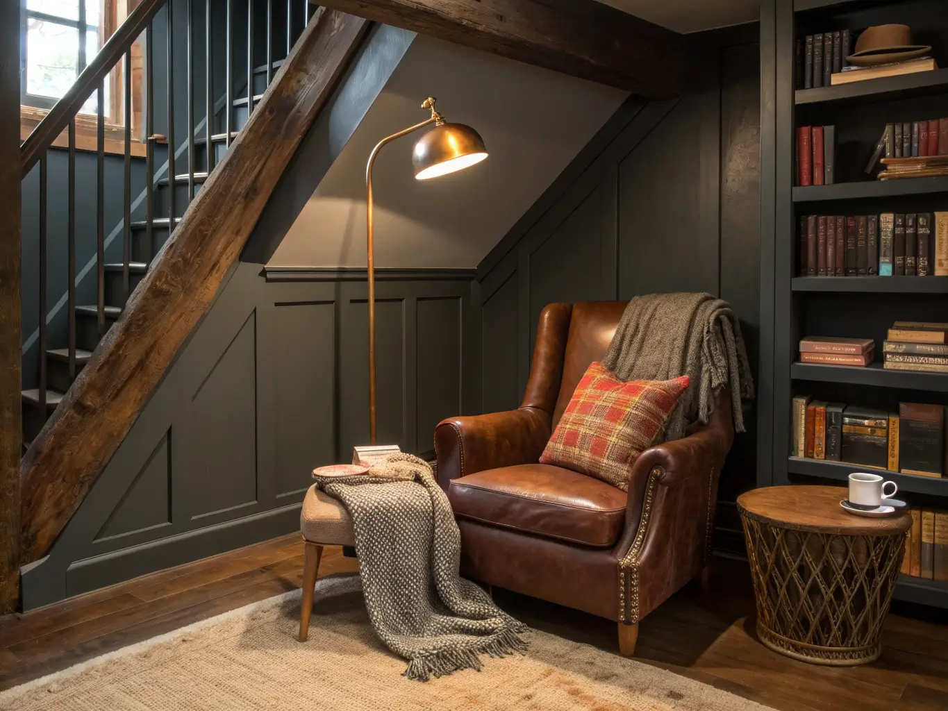 Cozy under-stair reading nook with charcoal walls, a lit brass floor lamp, tobacco leather armchair with plaid and sheepskin throws, walnut side table with books and tea, and curved built-in bookshelves.