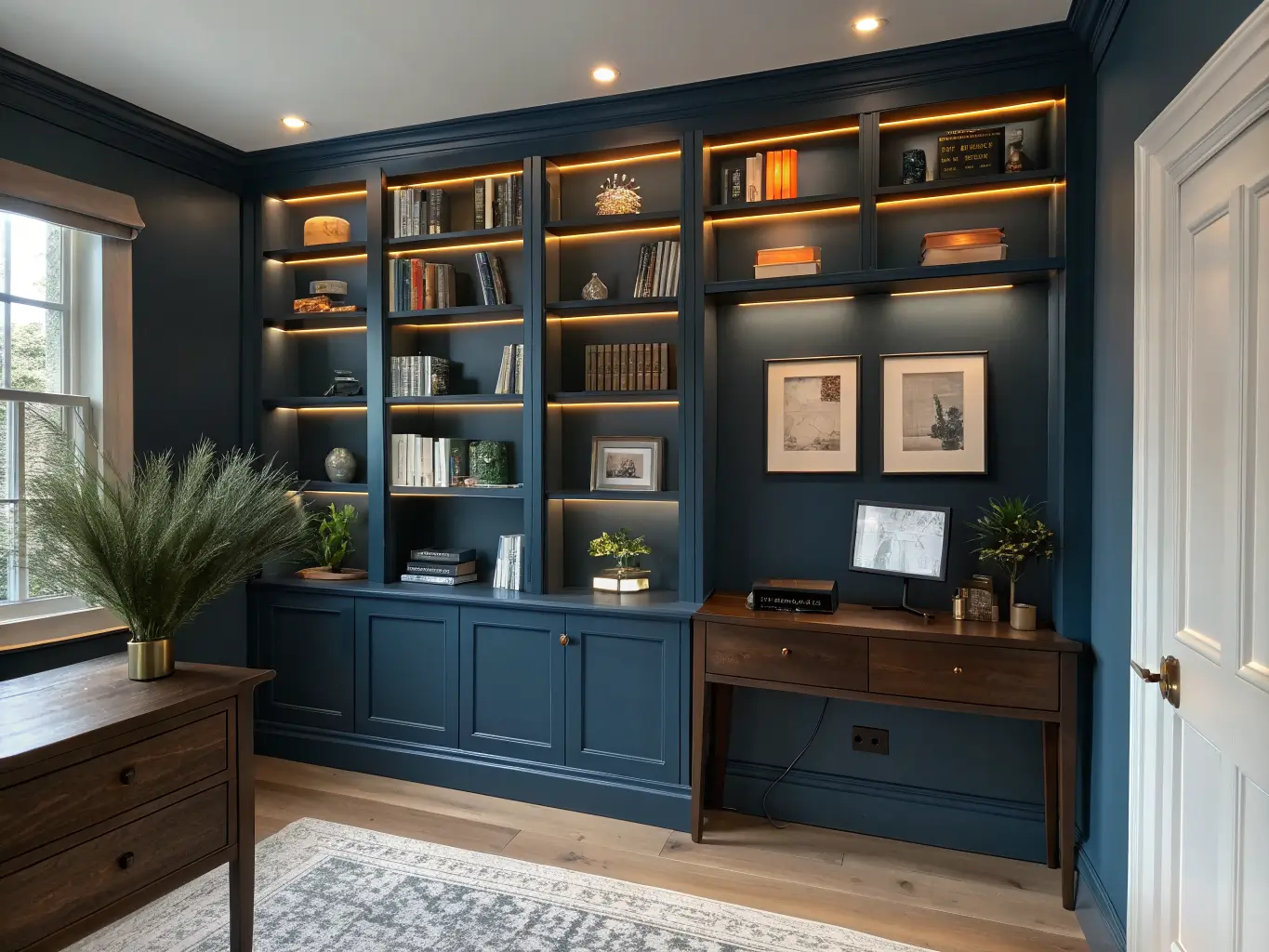Moody home office wall with Hague Blue built-in bookshelf, warm LED backlighting, styled shelves, and dark walnut console with brass lamp and pampas grass.