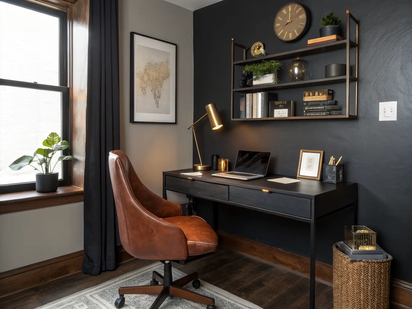 Photorealistic compact charcoal home office nook with black desk, espresso bouclé chair, brass wall sconce, minimal desk accessories, shelf with clock map and plant, and charcoal-rust rug in warm evening light.