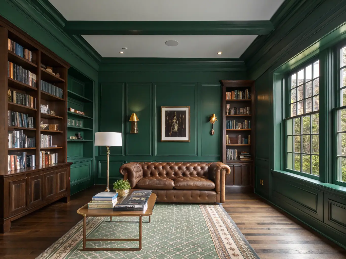 Wide, moody emerald-green library study with walnut bookshelves, leather Chesterfield sofa, gold-framed oil painting, and warm lamplight by an arched window.