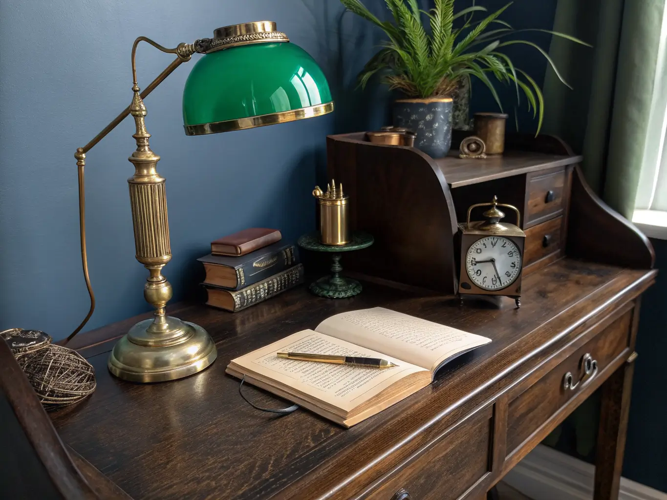 Close-up of a moody study desk corner with a brass banker’s lamp lighting a leather journal, fountain pen, and tied stack of old books against a deep navy wall.
