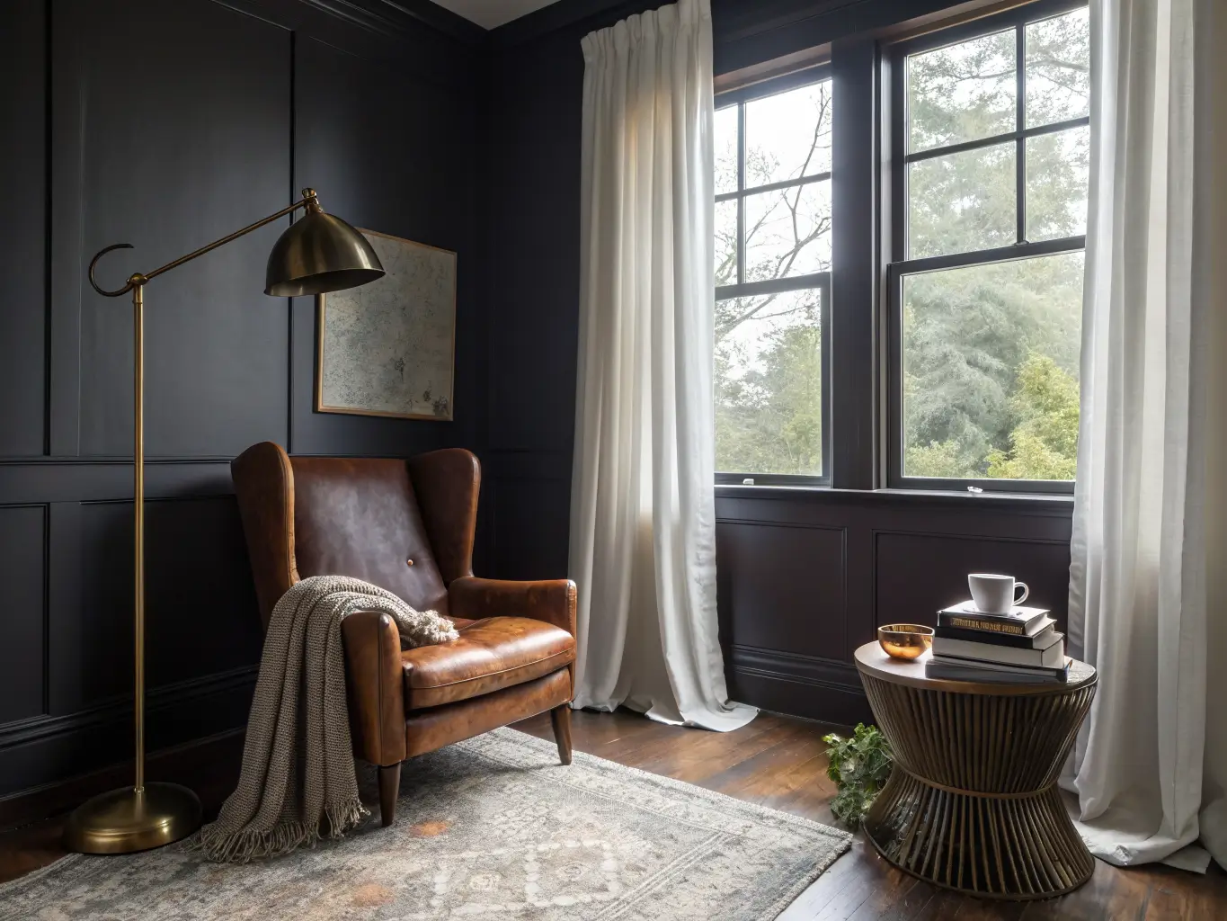 Moody study reading corner with cognac leather wingback chair, brass floor lamp, books and mug on a side table, vintage map on plum walls, and soft morning light through drapes.