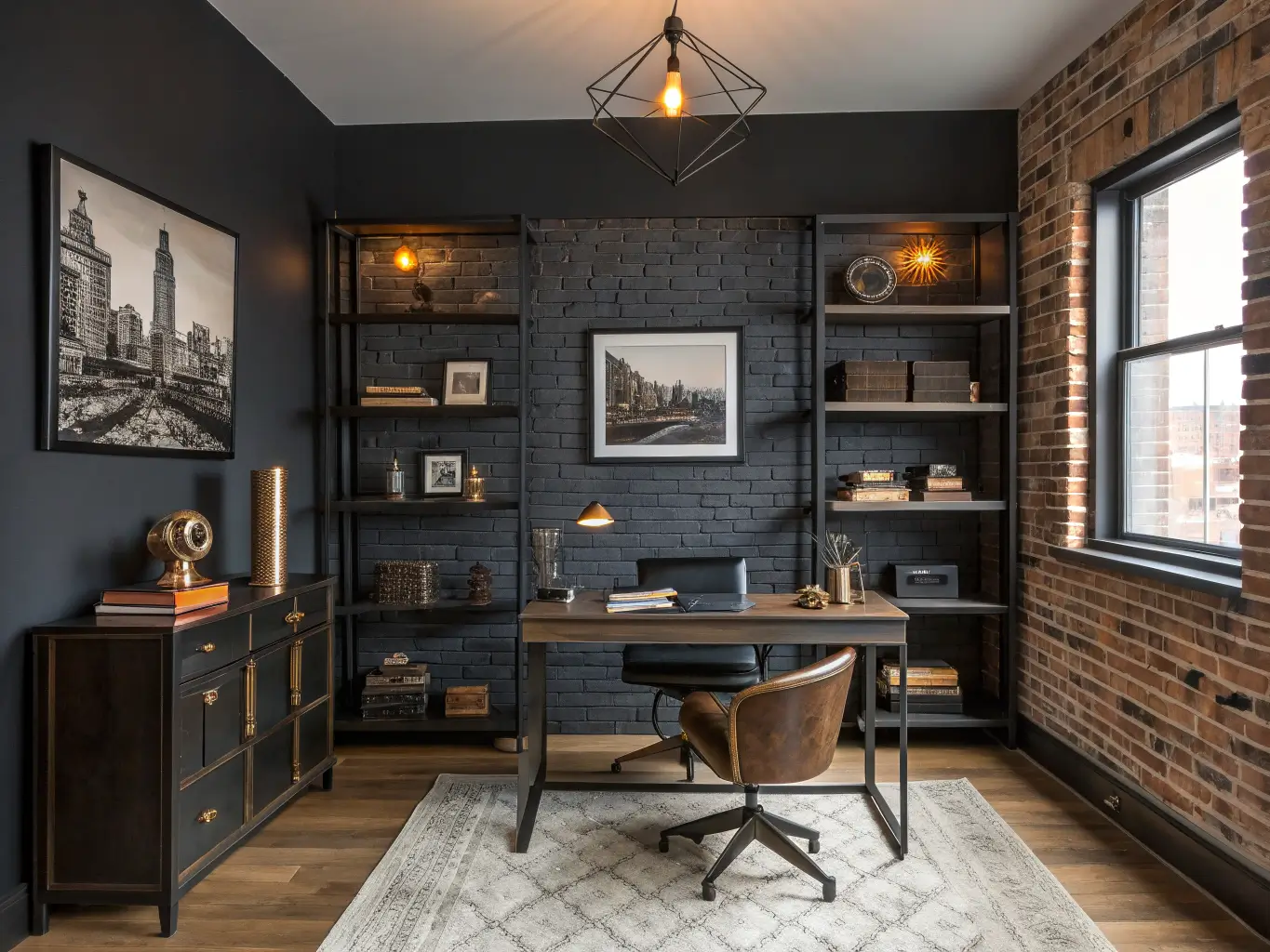 Moody home office with charcoal brick wall, black iron shelves, black lacquer desk on dark rug, cracked leather chair, and warm Edison bulb lighting.