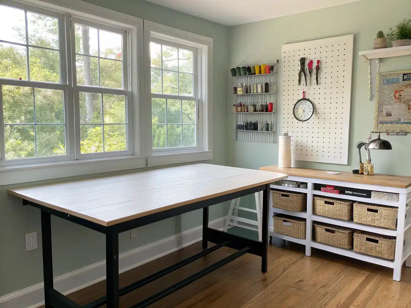 Photorealistic craft room with a white-oak worktable on black hairpin legs beneath a large window, pegboard tools, labeled clear bins on shelves, and a sage-green vase on the table.
